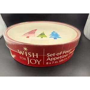 Vintage Sears Hand painted Christmas Tree Appetizer Plates Set 4 Wish for Joy